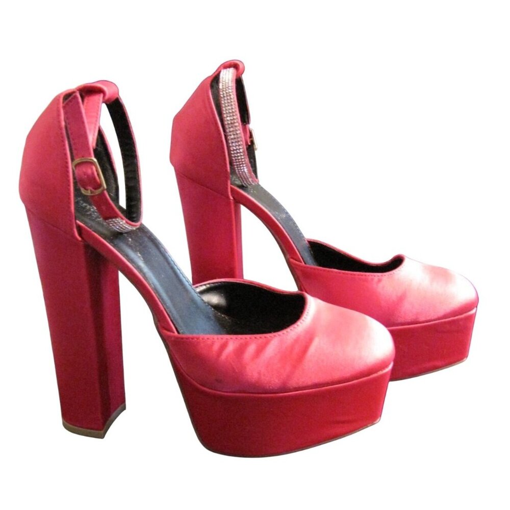 Charlotte Russe 8 Pink Satin 5 inch Platform Heels Rhinestone Ankle Strap
